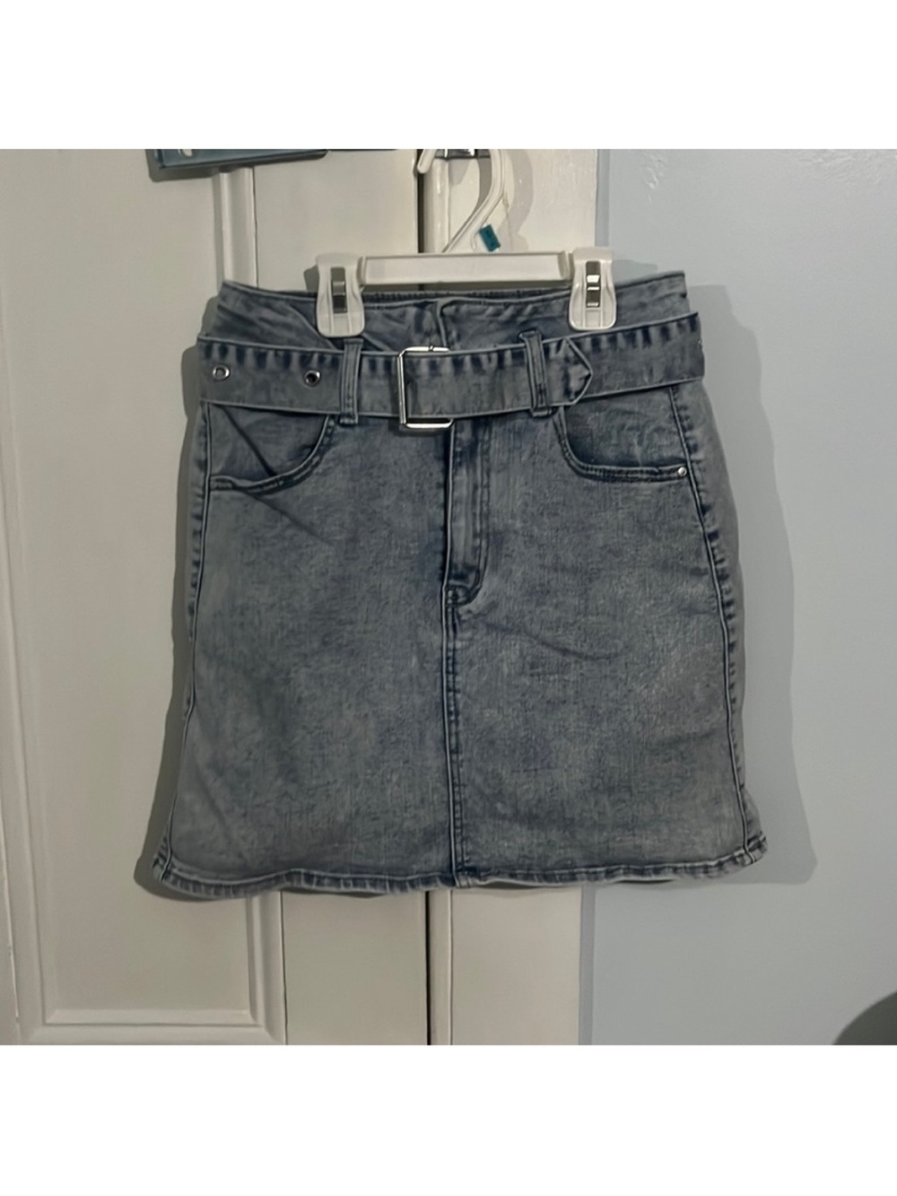 Washed Grey Denim Mini Skirt with Buckle Belt